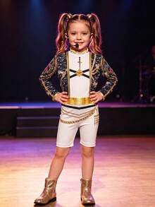 Girls' Halloween & Christmas Costume Shiny Stage Performance Set, Simple Tank Top + Korean Style Fantasy Anime Short Jacket + Shorts, Fashion 3-Piece Set - White - View 3