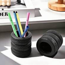 1pc Creative Realistic Tire Shaped Pen Holder, Car Enthusiast Desk Accessory, Personalized Desktop Storage Bucket, Stationery Office Organizer Decor - Multicolor - View 9
