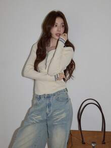 Atasan Lengan Panjang Kancing Warna Kontras Gaya Korea untuk Wanita, Desain Musim Gugur/Dingin, Potongan Ramping, Serbaguna, Sweater Rajut Musim Gugur - Aprikot - View 4