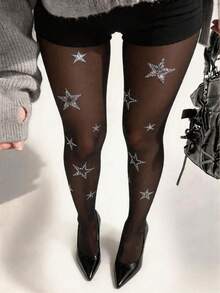 1/3 Pairs Women's Summer Sheer Pantyhose, Rhinestone Star Pattern Sexy Stockings, Street Style Charming Sexy Base Layer Long Socks - Black - View 7