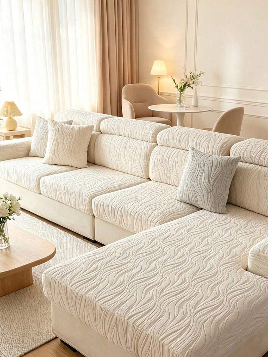 1pc Beige Solid Color 3D Embossed Water Ripple Sofa Cover, Non-Slip & Stain-Resistant, Detachable Furniture Protector, Pet-Friendly Anti-Scratch & Wear-Resistant, Soft & Delicate Texture, Machine Washable, Fade-Resistant, Durable, Suitable For Living Room/Bedroom Single/Double/3-Seater/4-Seater & L-Shaped Sofas - Creamy White - View 1