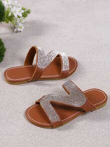Light Luxury Style Girls Brown Z-Shaped Rhinestone Slip-On Sandals, Children's Summer Beach Vacation Outdoor Daily Wear Sandals - Brown - View 6