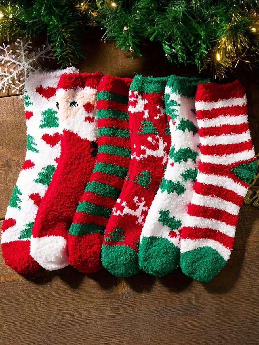 6 Pairs Christmas Printed Socks, Comfortable Cute Fuzzy Warm Socks, Women's Long And Short Socks (Random Styles) - Multicolor - View 1