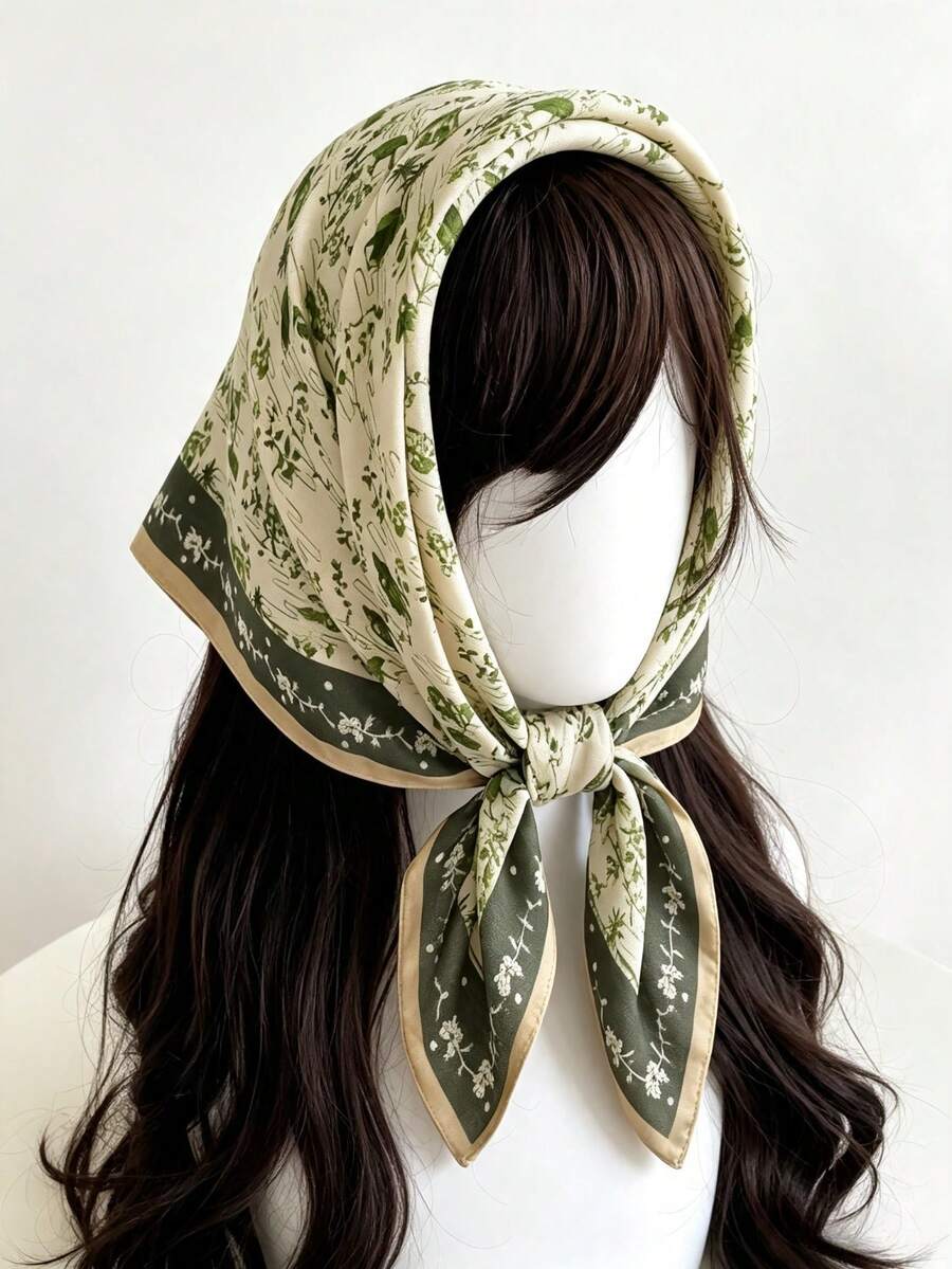 1pc Bohemian Tree Pattern Small Square Scarf, New Women's Thin Herringbone Linen Velvet-Like Neck Scarf Headscarf - Multicolor - View 1
