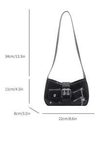 1pc Black Solid Color PU Baguette Shoulder Bag For Women - Black - View 7