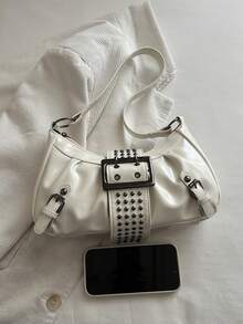 Fashionable High-End Buckle Strap Solid Color Baguette Bag, Y2K Hot Girl Motorcycle Shoulder Bag, Suitable For Daily Street Style, Socializing, Parties, Gifts - White - View 5