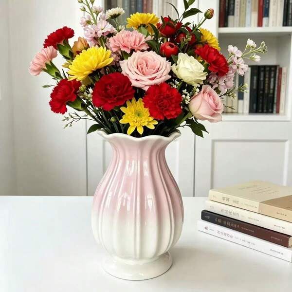1pc 3D Lemon Embossed Ceramic Vase, White Wavy Edge, Decorative Vase, Home Tabletop Centerpiece