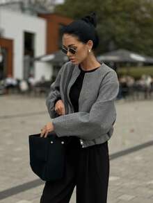 Grey Women Fall Winter Cropped Zip Up Jacket Round Neck Loose Long Sleeve Pocket Coat Halloween Homecoming Christmas Outfit - Grey - View 3