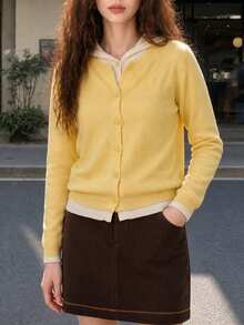 Women's Autumn Minimalist Casual Preppy Style 2 In 1 Design Hooded Cardigan Knit Sweater Jacket - Yellow - View 4