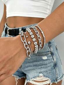 5pcs/Set Punk Style Round Bead & Square Link CCB Silver Bracelet Set, Suitable For Women, All Seasons, Daily, Commute, Date, Vacation, Layering, Gift - Silver - View 3