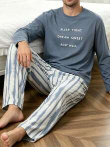 Men's 2 Pieces Pajama Set, Autumn/Winter Crew Neck Letter Print Top & Abstract Striped Print Long Pants, Casual Loungewear - Multicolor - View 1