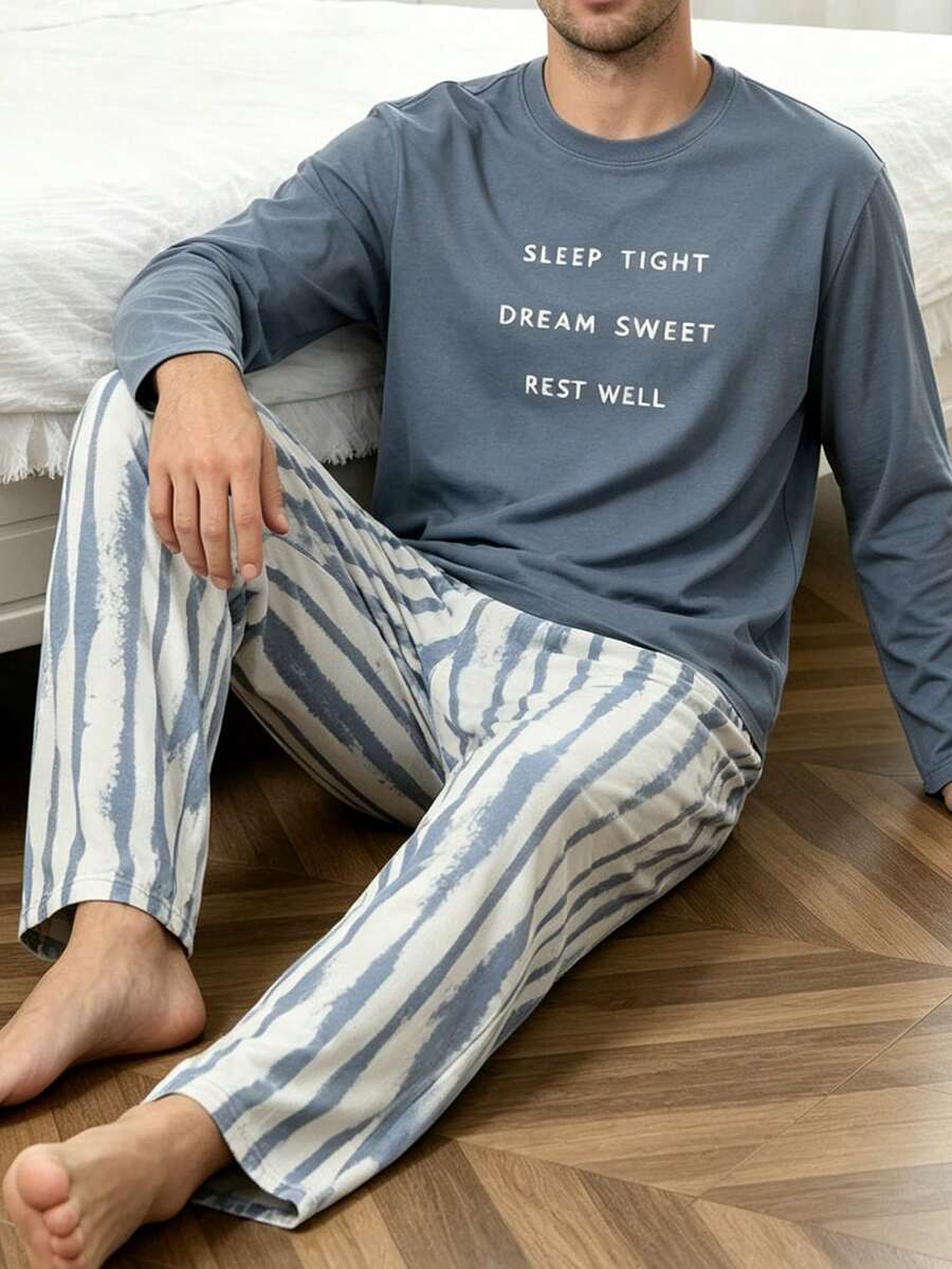 Men's 2 Pieces Pajama Set, Autumn/Winter Crew Neck Letter Print Top & Abstract Striped Print Long Pants, Casual Loungewear - Multicolor - View 1