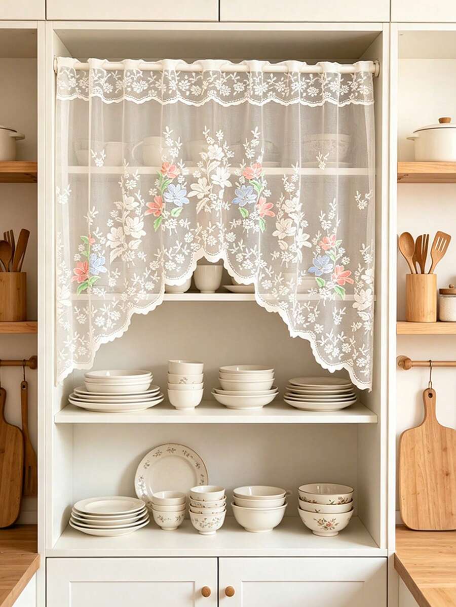 1pc Multi-Color Wildflower Embroidered Lace, French Fresh Style Nylon Mesh V-Shaped Hem Embroidery Craft Soft Light Short Sheer Curtain Suitable For Dining Area Windows, Cabinets, Entryway Daily Home Decor - Multicolor - View 1