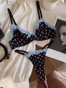 Polka Dot Bra Set, Lace Bow Thong, Cute Sexy Lingerie 2-Piece Set - Brown - View 4