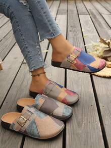 Vintage Colorblock Closed Toe Half-Slingback Women's Mori Style Patchwork Flat Casual Mule Slides - Color - View 1