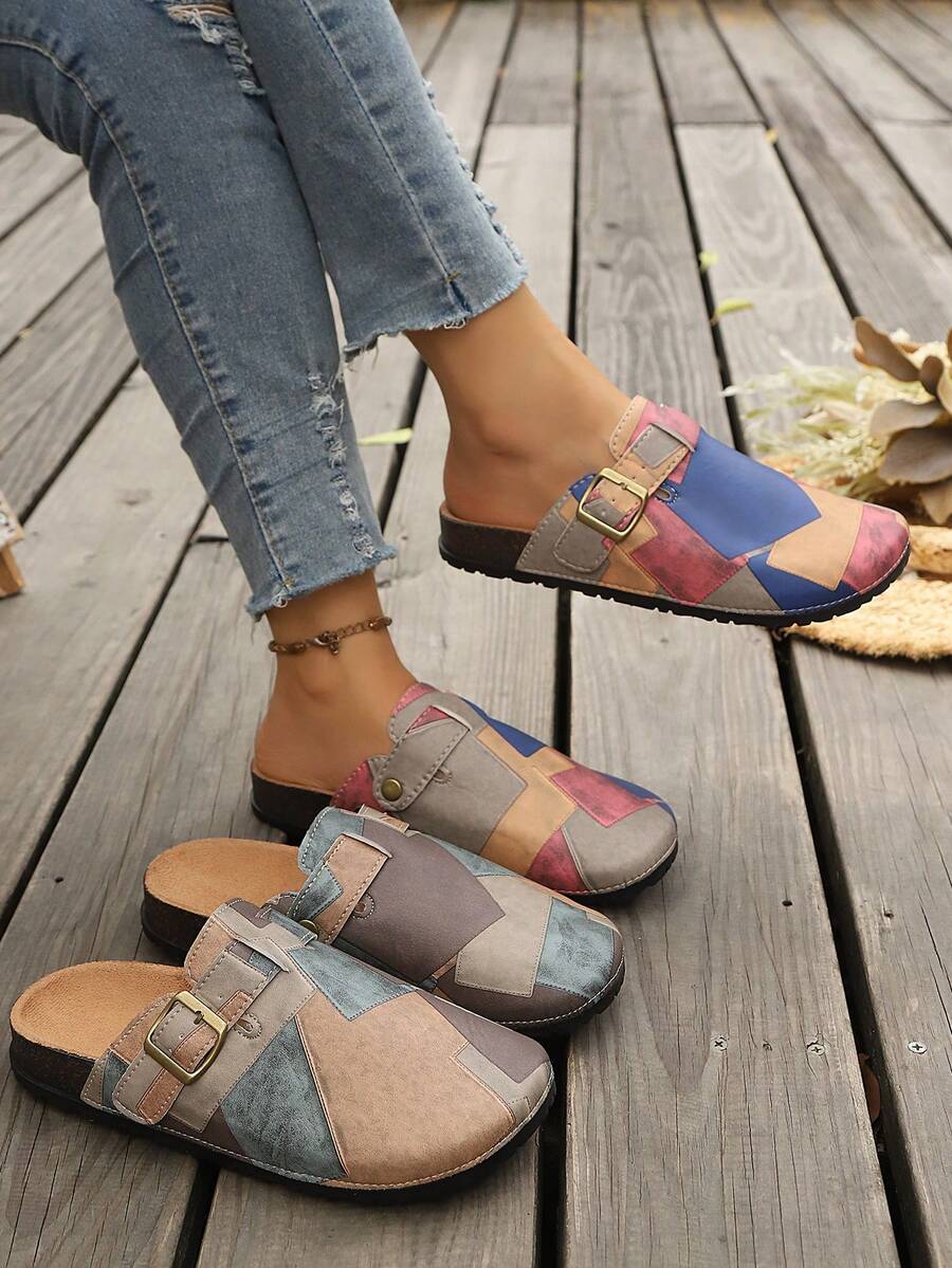 Vintage Colorblock Closed Toe Half-Slingback Women's Mori Style Patchwork Flat Casual Mule Slides - Color - View 1