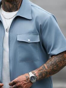 Men's Casual Solid Color Zipper Placket Pocket Shirt And Shorts Set - Dusty Blue - View 3