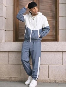 男士透气撞色运动套装（2件套），包含外套和裤子，男友风运动服，休闲运动套装，适合日常休闲、户外运动、跑步、露营、徒步、骑行等。 - 藍色 - 查看 1