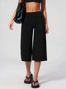 DINBEY Women's High Waist Tummy Control Butt Lifting Wide Leg Capri Yoga Pants, Soft Stretchy Non-See-Through Culottes For Workout & Lounge Sports - Black - View 5