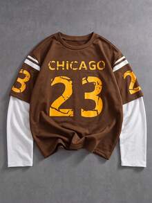 Lurzo Teen Boy Y2K Street 2-In-1 Long Sleeved T-Shirt, Oversized 23 Digit Printed Brown T-Shirt, Hip-Hop Casual Top, Casual Back To School Sportswear - Brown - View 2