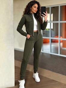 2pcs Women Set In Spring/Autumn/Winter, Minimal Solid Color Versatile Zip Up Short Jacket Tops With Elastic Waist Pocket Skinny Pants Casual Elegant - Army Green - View 3