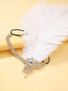 1pc Vintage 1920s Flapper White Feather Headband, Multi-Layer Rhinestone Gatsby Women's Roaring Party Evening Headpiece - Rhinestones - View 9