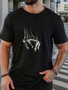Camiseta Casual de Manga Corta para Hombre - Blanca con Estampado Gráfico de Figura Cae en Negro, Transpirable, Cuello Redondo, Corte Regular para Atuendo Casual, Ropa Urbana Cómoda, Camiset - Negro - Ver 1