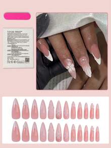 24 piezas de uñas postizas largas de stiletto, diseño de arte de línea floral 3D con degradado francés blanco, cobertura completa brillante, adecuado para uso diario para mujeres y niñas - Multicolor - Ver 2