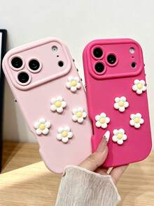 KOOLIFE 1pc Soft Solid Color Phone Case For Apple 17/16/15 Pro Max, Decorated With 3D Floral Pattern, Anti-Slip Soft TPU +PC Wear-Resistant Frame, Camera Bump Protection, Suitable For Daily Use, Holiday Gift - Magenta + Yellow Flower - View 3