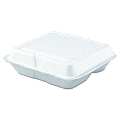 80HT3R Carryout Food Container, Foam, 3-Comp, White, 8 X 7 1/2 X 2 3/10 Case Of 200