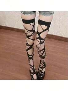 1/2 Pairs Gothic Fishnet Socks, Punk Style Ripped Asymmetric Hollow Out Y2K Lolita Sexy Spider Web Socks, Suitable For Women - Black - View 3