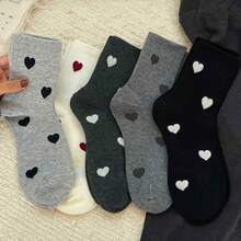 5 Pairs Random Color Strawberry Double Heart Pattern Spring/Autumn Women's Mid-Calf Socks, Lightweight Breathable All-Season Multi-Color Options, Casual Daily Wear, Hand Wash/Dry Clean, Cute Breathable Fabric Socks - Multicolor - View 2