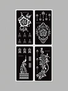 4pcs Henna Style Floral Tattoo Stencils, Flower Paisley Fingertip Chain Pattern, Reusable Henna Template Stickers, Daily/Wedding/Eid DIY Body Art Tools,Formulated Without Henna - Black - View 10