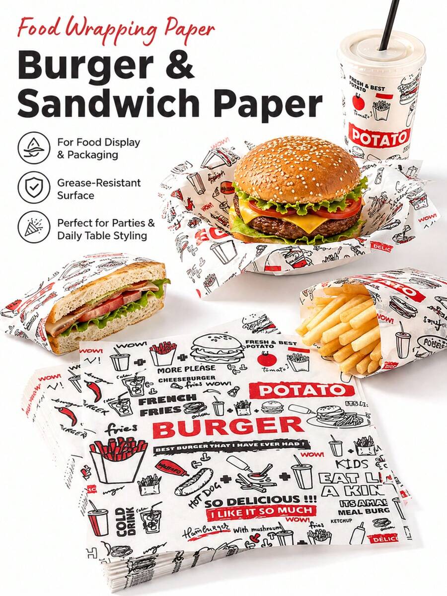 50pcs Vintage Newspaper Burger Sandwich Wrapping Sheets Grease Resistant Food Liners For Restaurant Takeaway Picnic Party Kitchen Serving And Snack Presentation - View 1