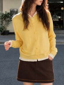 Women's Autumn Minimalist Casual Preppy Style 2 In 1 Design Hooded Cardigan Knit Sweater Jacket - Yellow - View 5