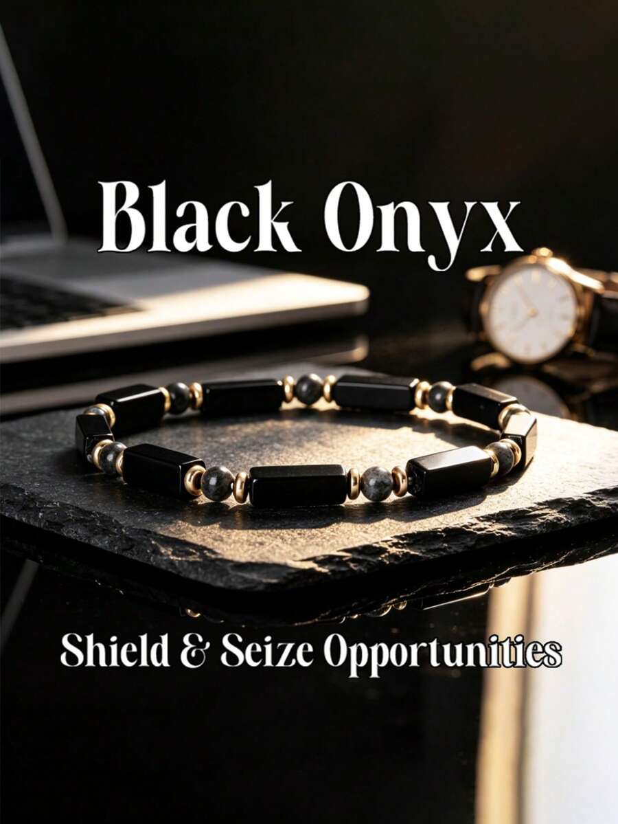Black Agate & Labradorite Rectangular Bead Bracelet, Opportunity Crystal Bracelet, Minimalist Business Unisex Layering Jewelry Gift - Multicolor - View 1