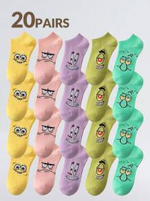 SpongeBob SquarePants 1/3/5/10双装女士短袜，趣味卡通印花短袜，透气吸湿低帮，适合夏季日常穿着 - 彩色 - 查看 17