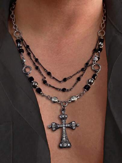 1pc Fashionable Personalized Hip-Hop Punk Style Cross Necklace, Geometric Beaded Necklace With Metal Rhinestone Multi-Color Beaded Pendant, Suitable For Women's Daily, Party, Holiday, Music Festival Outfits, Gift For Boyfriend