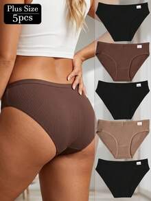 5pcs Plus Size Women's Cotton Panties: Comfortable Ribbed Panties, Ribbed Texture, Soft Fabric, Lightweight Design - Multicolor - View 4