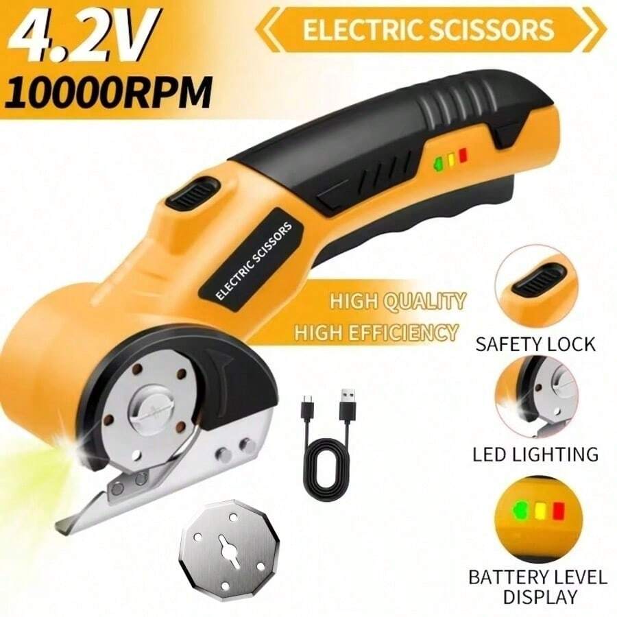 4.2V 無線電動剪刀，附安全鎖與 LED 燈，人體工學防滑手柄，10000 RPM 旋轉切割器，2000mAh 電池，適用於衣物、紙板、地毯、皮革、布料，紙板切割器、布料切割器