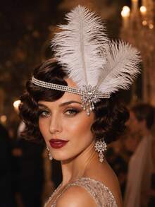 1pc Vintage 1920s Flapper White Feather Headband, Multi-Layer Rhinestone Gatsby Women's Roaring Party Evening Headpiece - Rhinestones - View 1