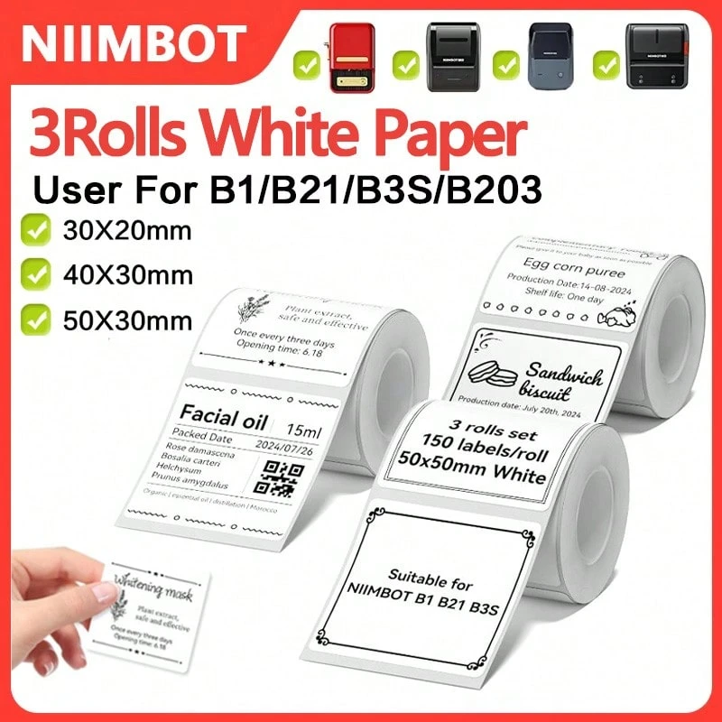 3 Rolls Niimbot Thermal Label Stickers, Waterproof Oilproof Tear-Resistant Self-Adhesive Label Paper, Compatible With NIIMBOT B1 B21 B3S B31 K3 Mini Portable Thermal Printer, White Storage Container Label Tags - View 1