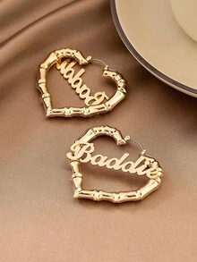 1 Pair Summer Vacation Vintage Gold Bamboo Knot Heart Hollow English Letter Hoop Earrings For Women - Yellow Gold - View 1