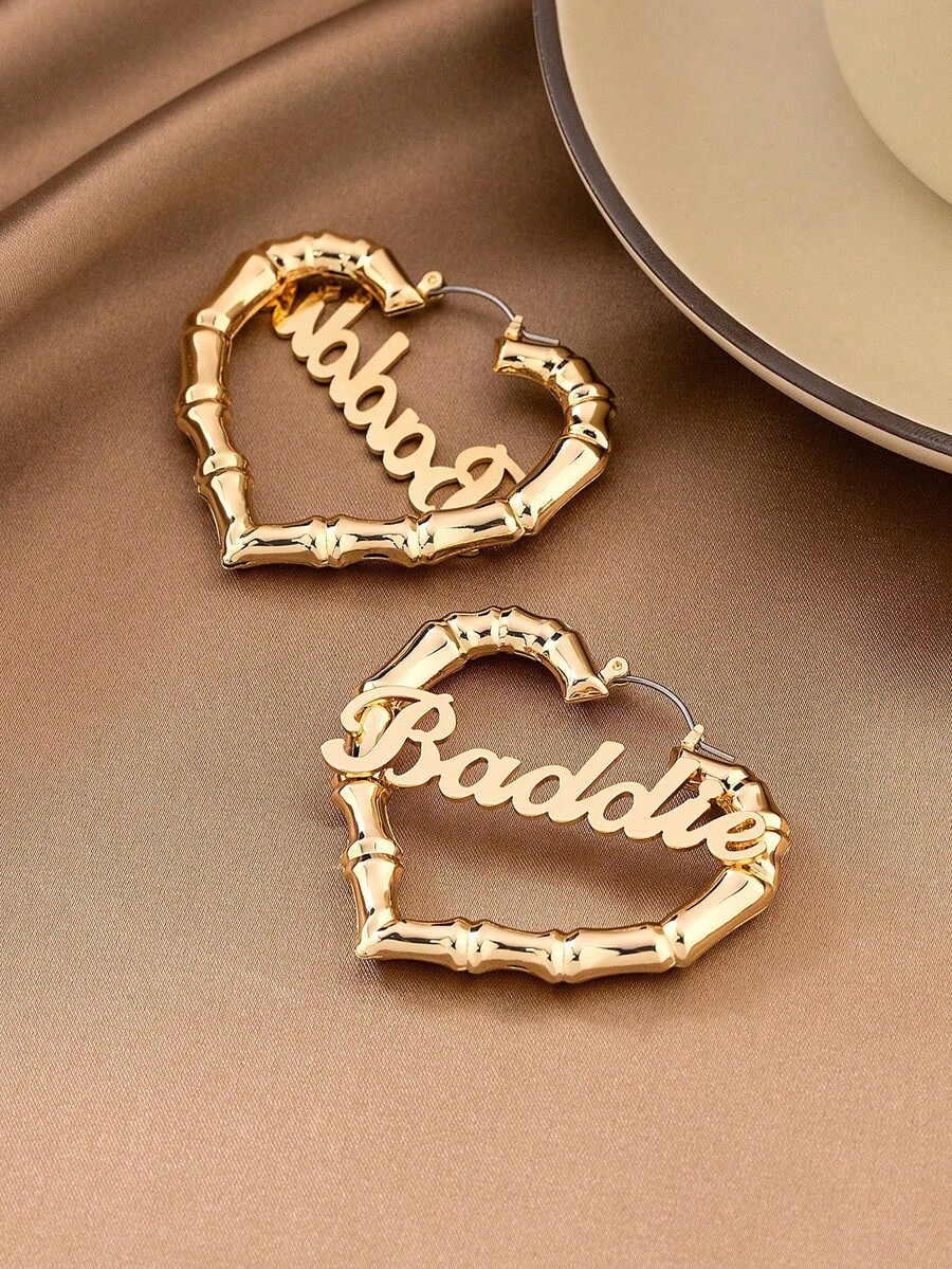 1 Pair Summer Vacation Vintage Gold Bamboo Knot Heart Hollow English Letter Hoop Earrings For Women - Yellow Gold - View 1