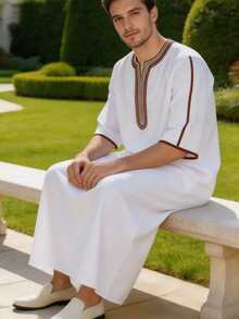 Fashionable Arabic Men's Robe, Short Sleeve Design And Round Neck, Suitable For Prayer, Elegant Casual Men's Arabic Robe, Suitable For Ramadan Occasions, Soft Texture, Traditional Arabic Men's Robe, Men's Short Sleeve Embroidered Robe, Arabic Traditional Clothing, Middle East Dubai Abaya, Breathable Loose Robe, Suitable For Eid, Ramadan And Daily Wear - White - View 5