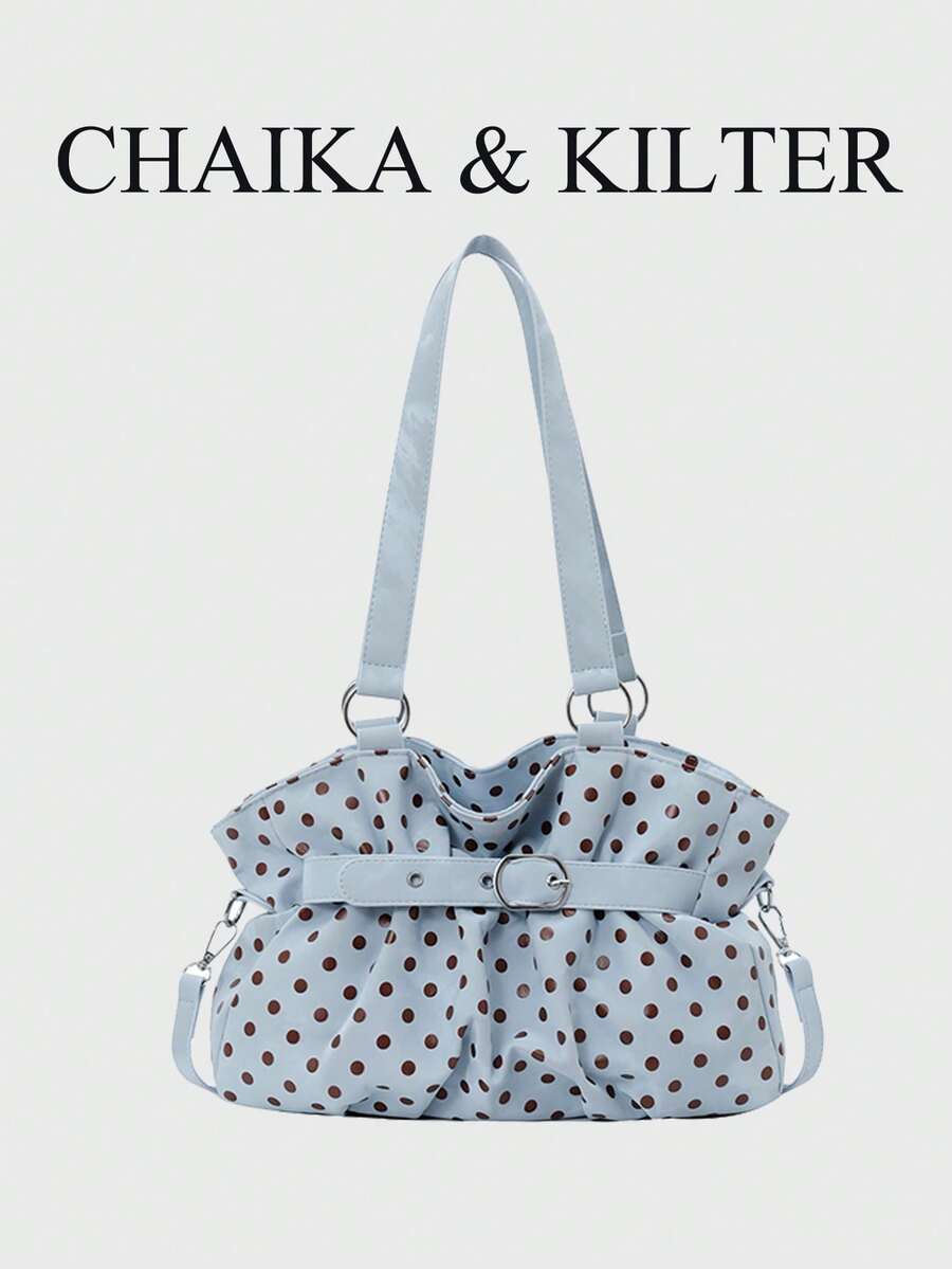 CHAIKA & KILTER 1件裝拼色PU布料托特包，女款時尚單肩托特包，滿版波點圖案，雙手柄設計，拉鍊開合，肩帶裝飾，適合日常與街頭使用