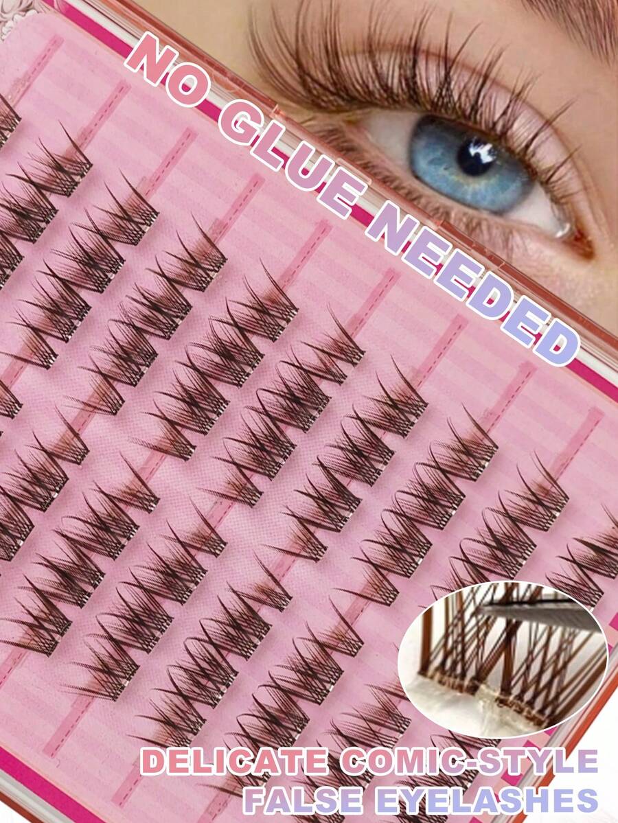 80pcs Brown Self-Adhesive Fluffy False Eyelash Clusters, 10-14mm Mixed Length, Fluffy Individual False Eyelashes, Self-Adhesive DIY Eyelash Extension, Eyelash Clusters, Natural Lengthening C-Curl Eyelash Clusters - C - View 1