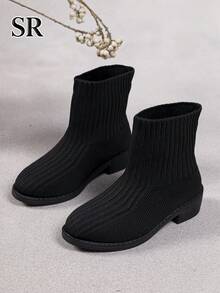 1 Pair Fashion Ribbed Knit Girls Slip-On Ankle Boots, Minimalist Solid Color Ankle Boots, Suitable For Weekend Shopping And Daily Wear - Black - View 2