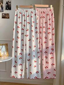 2 Pieces Of Soft And Comfortable Cherry Print Striped Sleepwear For Girls, Elastic Waist Wide Leg Pants, Cute Casual Home Wear For Spring/Autumn - Multicolor - View 3
