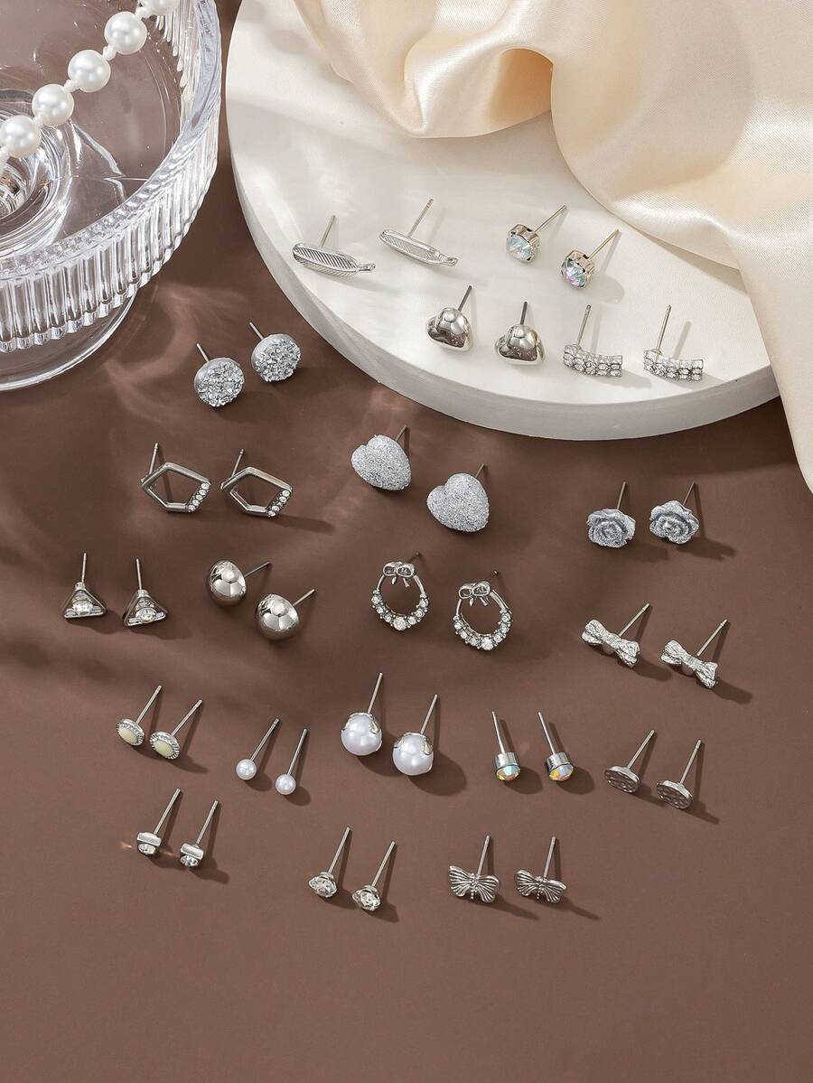 20 Pairs Shiny Rhinestone Faux Pearl Heart & Butterfly Stud Earrings Set, Unique Designs, Women's Jewelry For Daily Wear, Dating, Party, Outing, Holiday Gift - Silver - View 1
